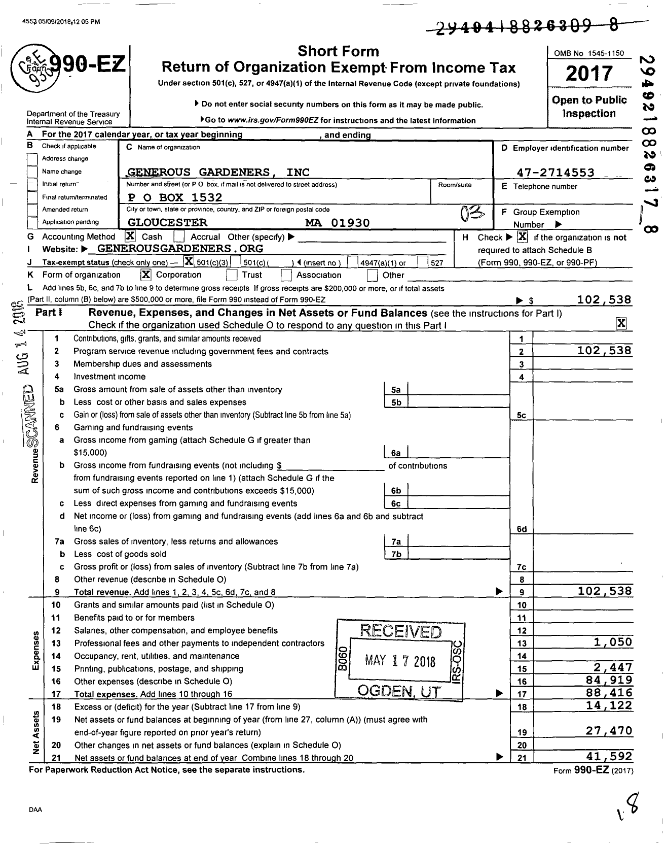 Image of first page of 2017 Form 990EZ for Generous Gardeners