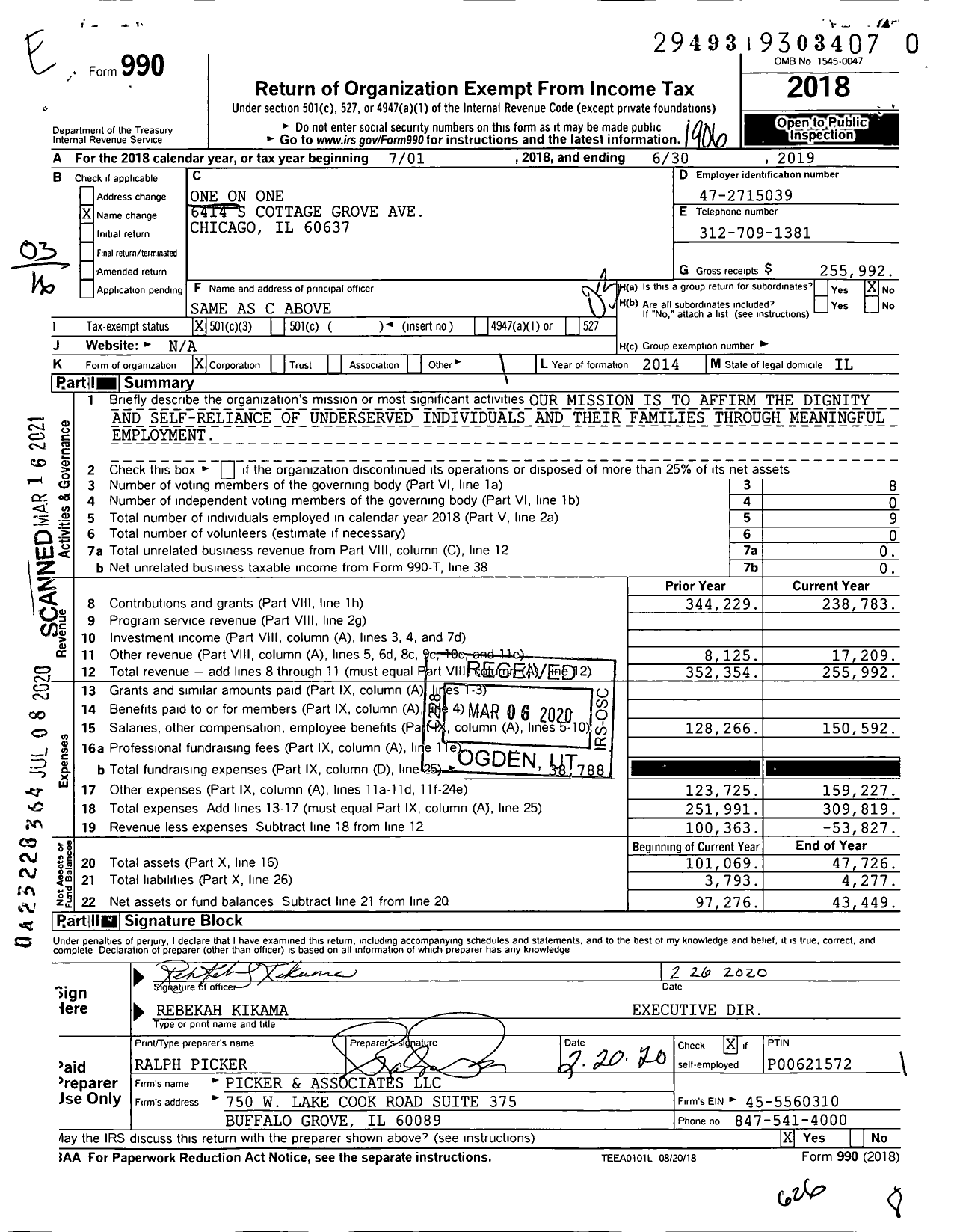 Image of first page of 2018 Form 990 for One One