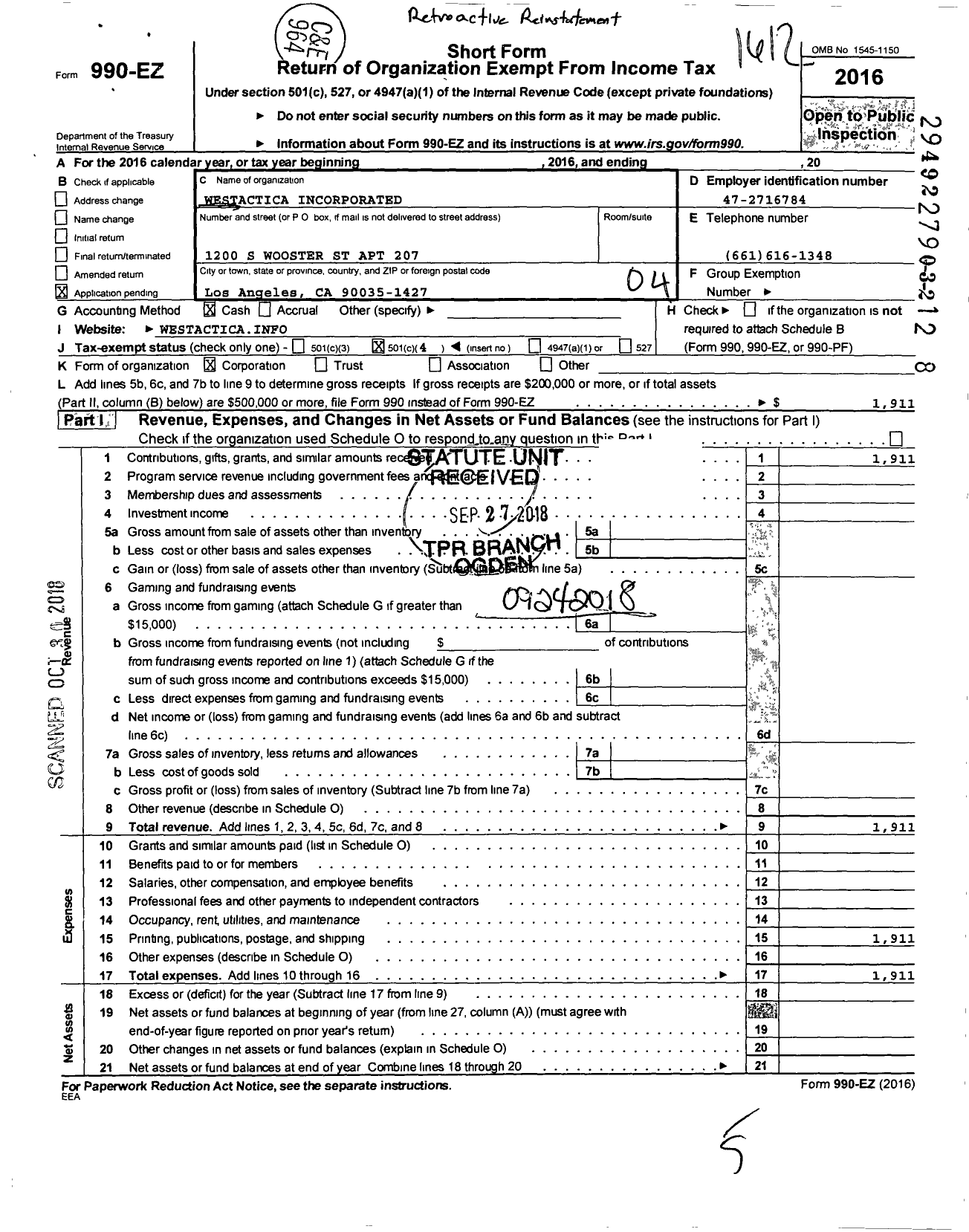 Image of first page of 2016 Form 990EO for Westarctica Incorporated