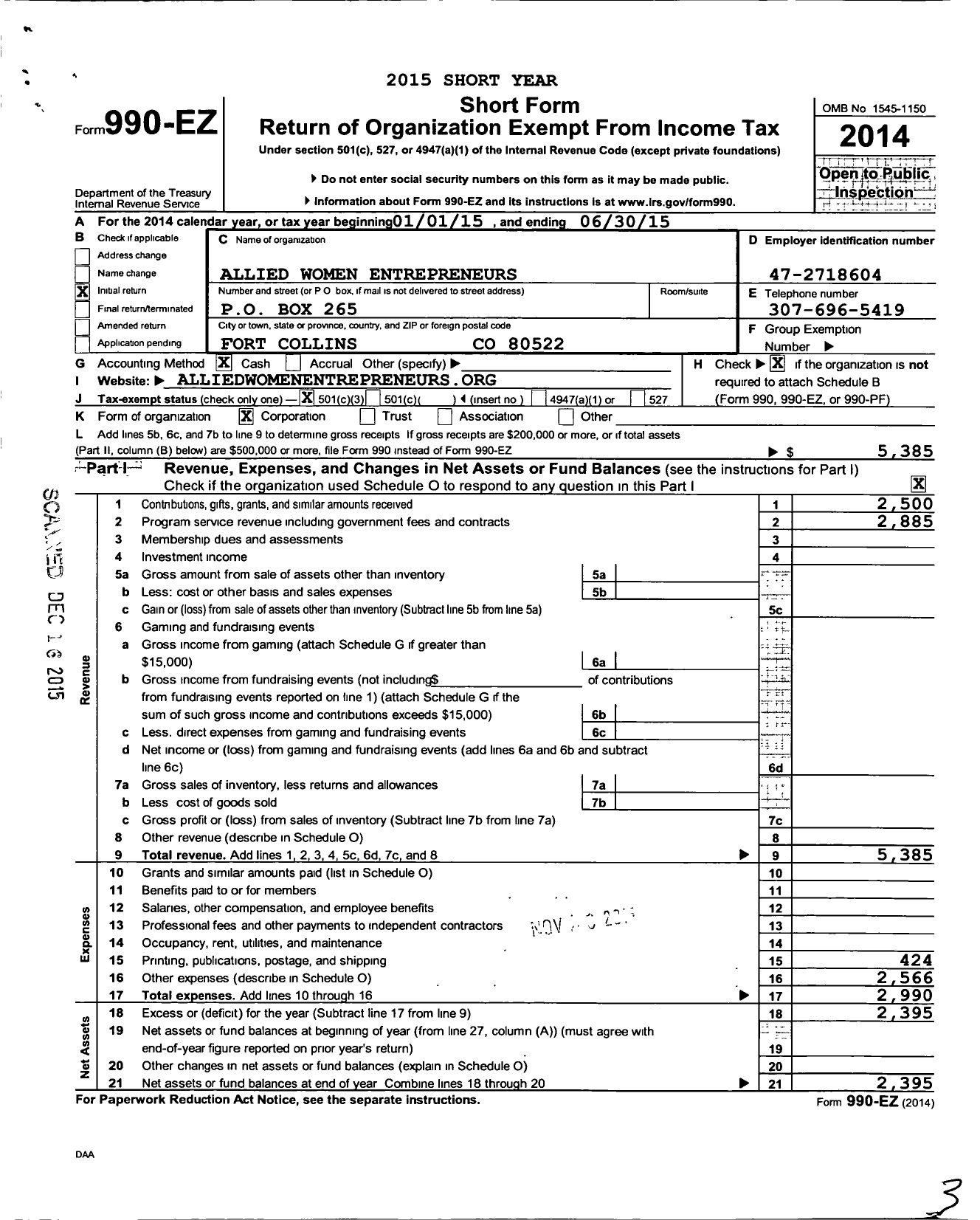 Image of first page of 2014 Form 990EZ for Allied Women Entrepeneurs (AWE)