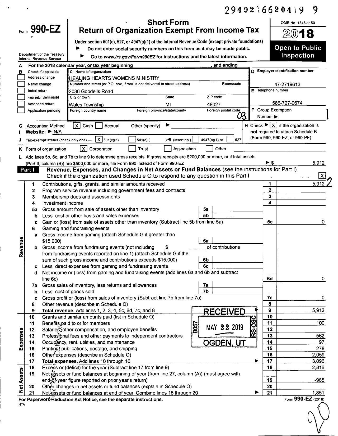 Image of first page of 2018 Form 990EZ for Healing Hearts Women's Ministry