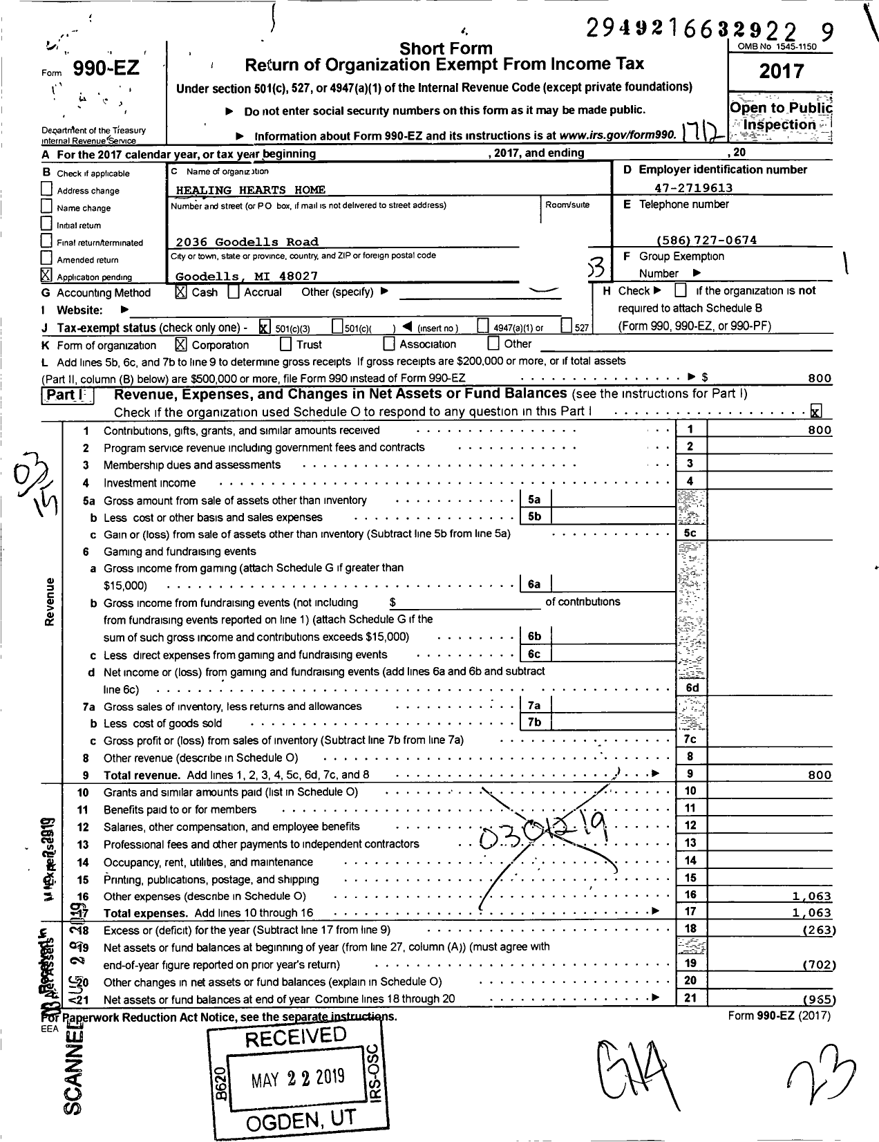 Image of first page of 2017 Form 990EZ for Healing Hearts Women's Ministry