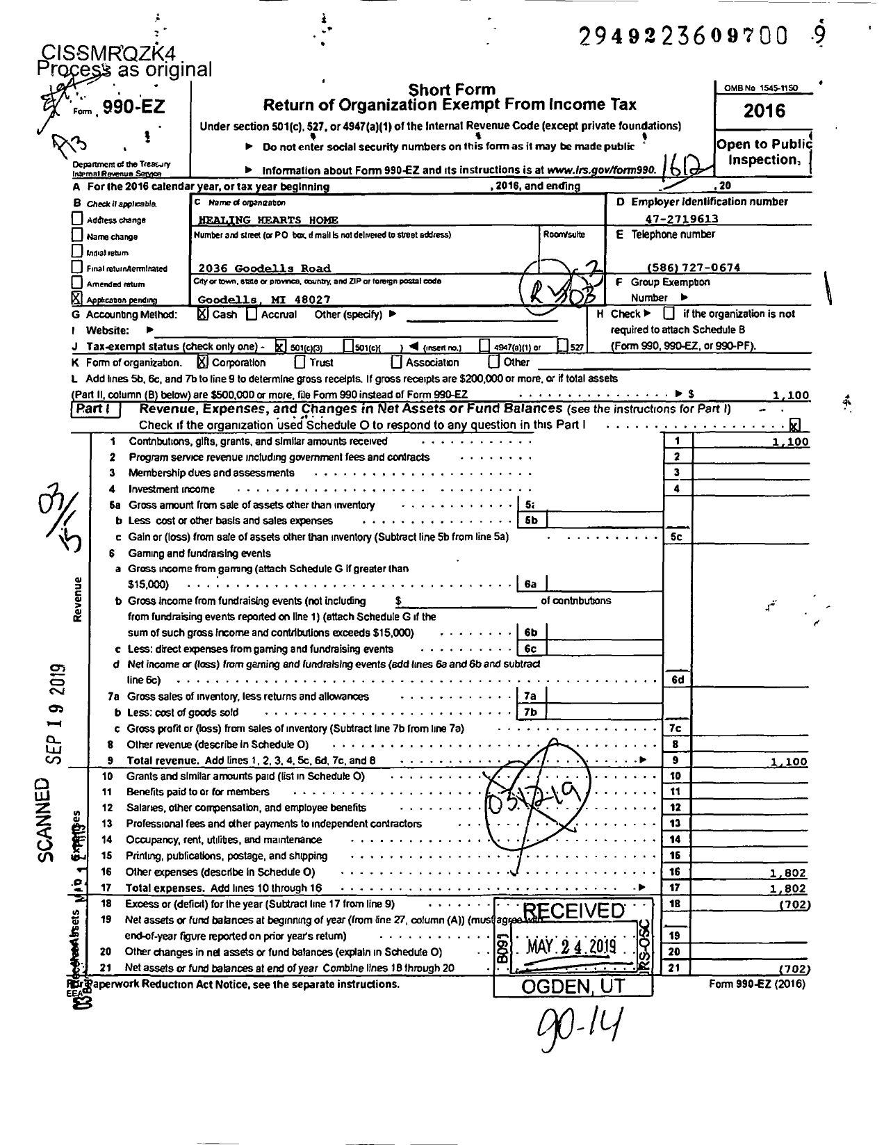 Image of first page of 2016 Form 990EZ for Healing Hearts Women's Ministry