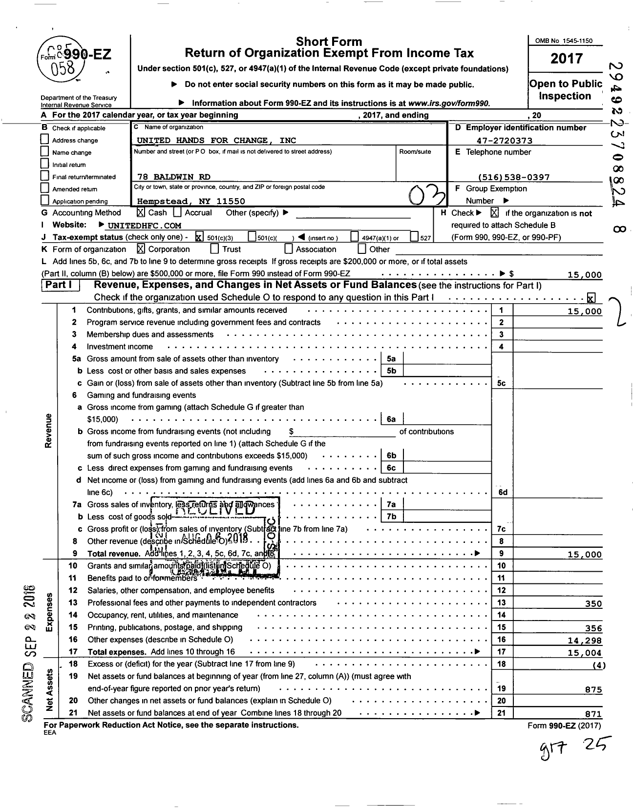 Image of first page of 2017 Form 990EZ for United Hands for Change