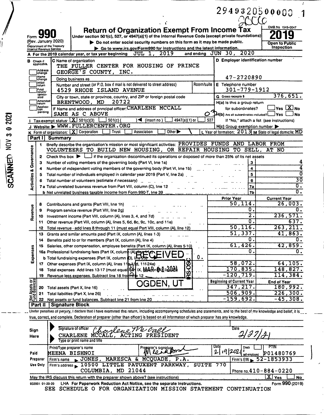 Image of first page of 2019 Form 990 for The Fuller Center for Housing of Prince George's County / Prince Georges County FCH