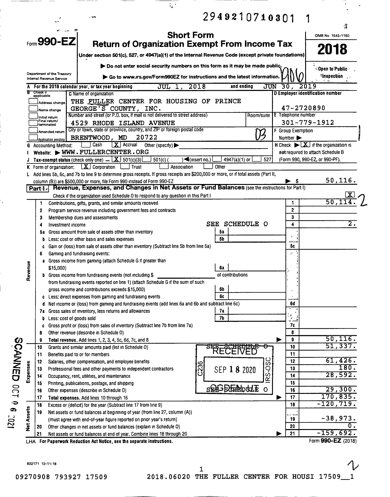 Image of first page of 2018 Form 990EZ for The Fuller Center for Housing of Prince George's County / Prince Georges County FCH