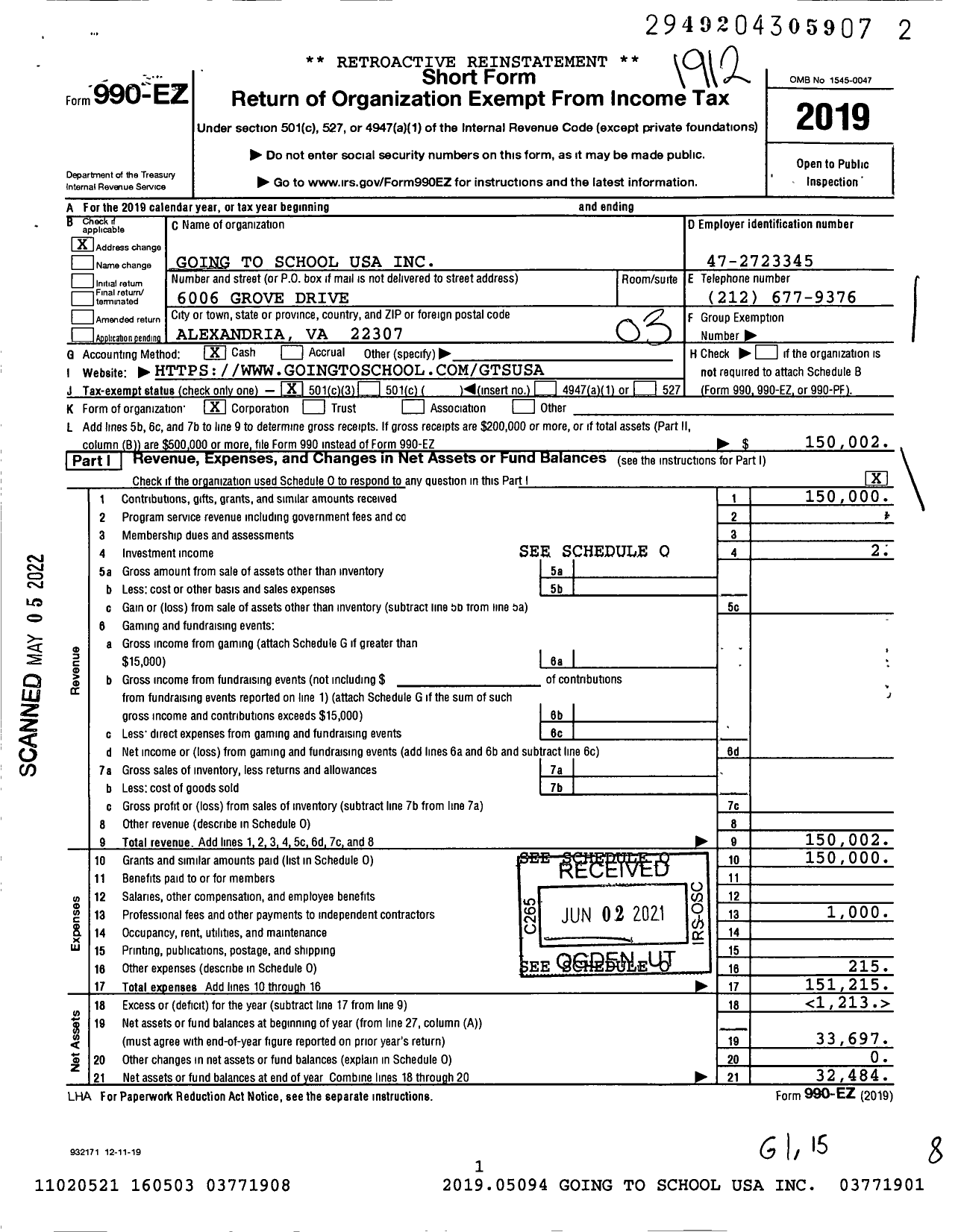 Image of first page of 2019 Form 990EZ for Going To School USA