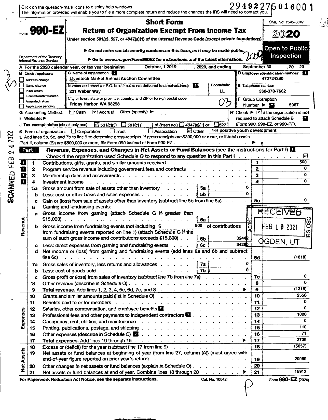 Image of first page of 2019 Form 990EZ for WASHINGTON STATE UNIVERSITY / SJC Livestock Market Auction Commit