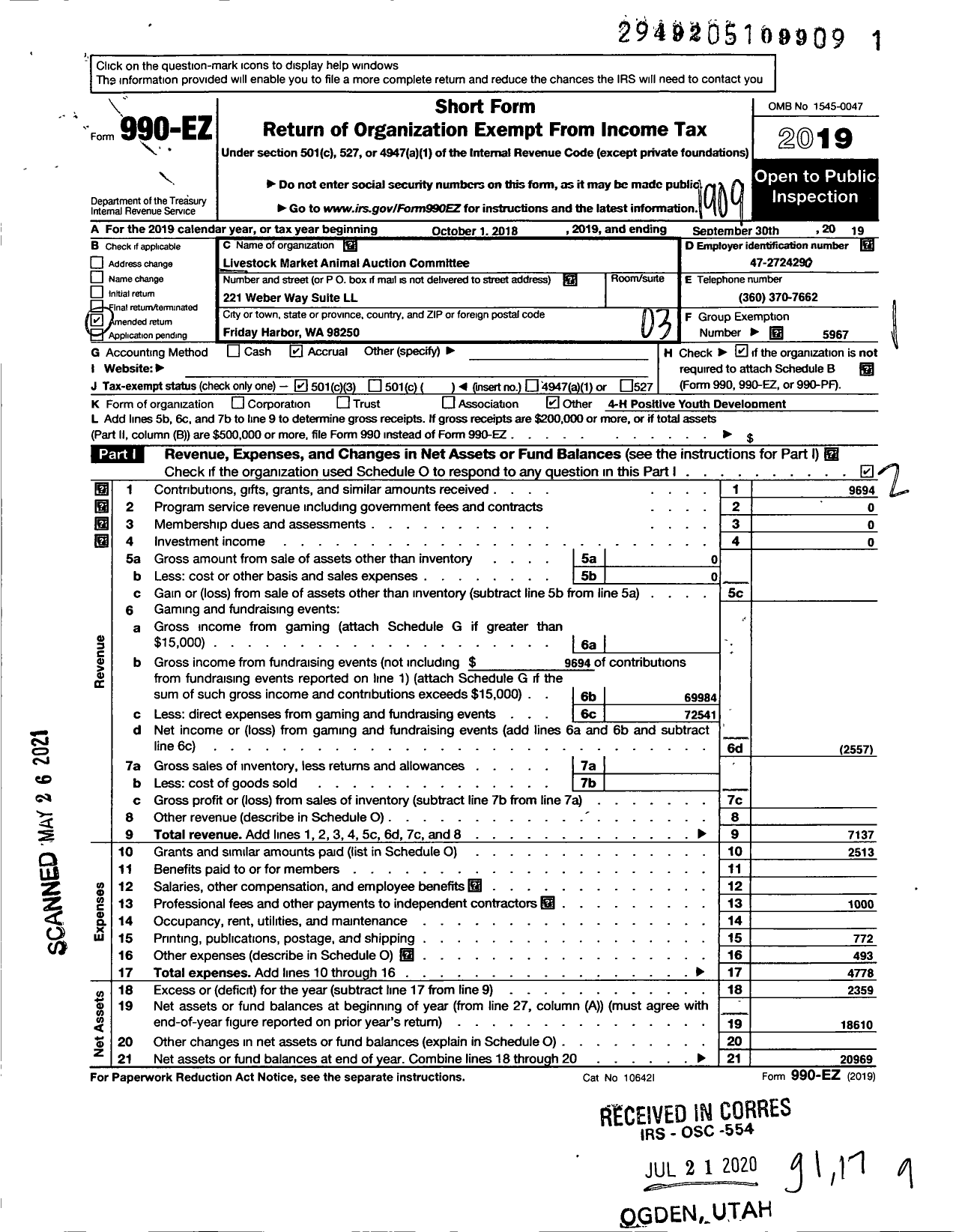 Image of first page of 2018 Form 990EZ for WASHINGTON STATE UNIVERSITY / SJC Livestock Market Auction Commit