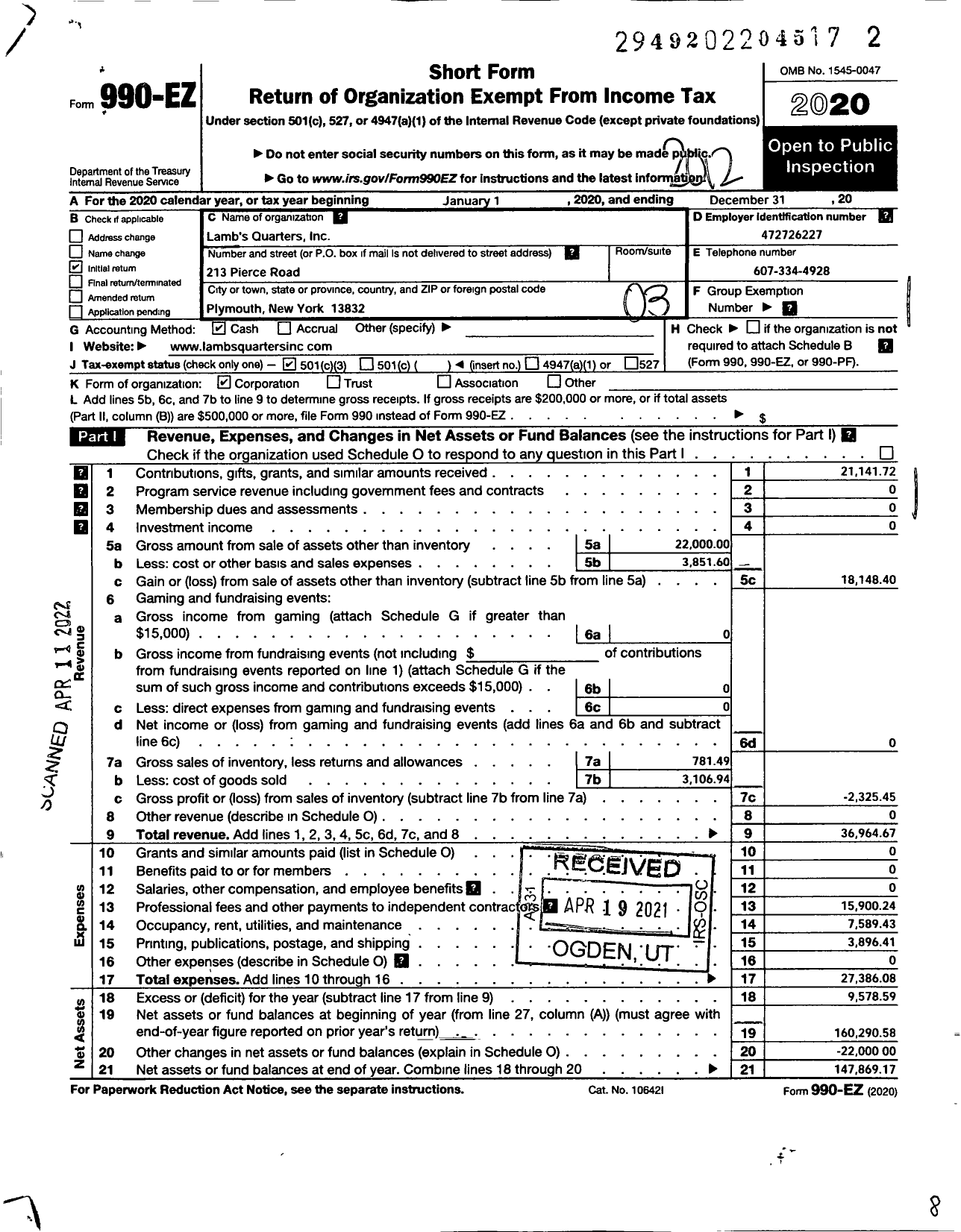 Image of first page of 2020 Form 990EZ for Lambs S Quarters