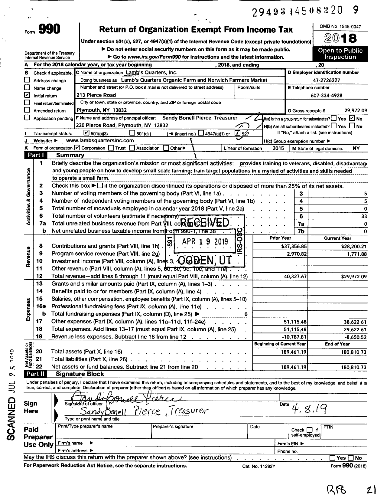 Image of first page of 2018 Form 990 for Lambs S Quarters