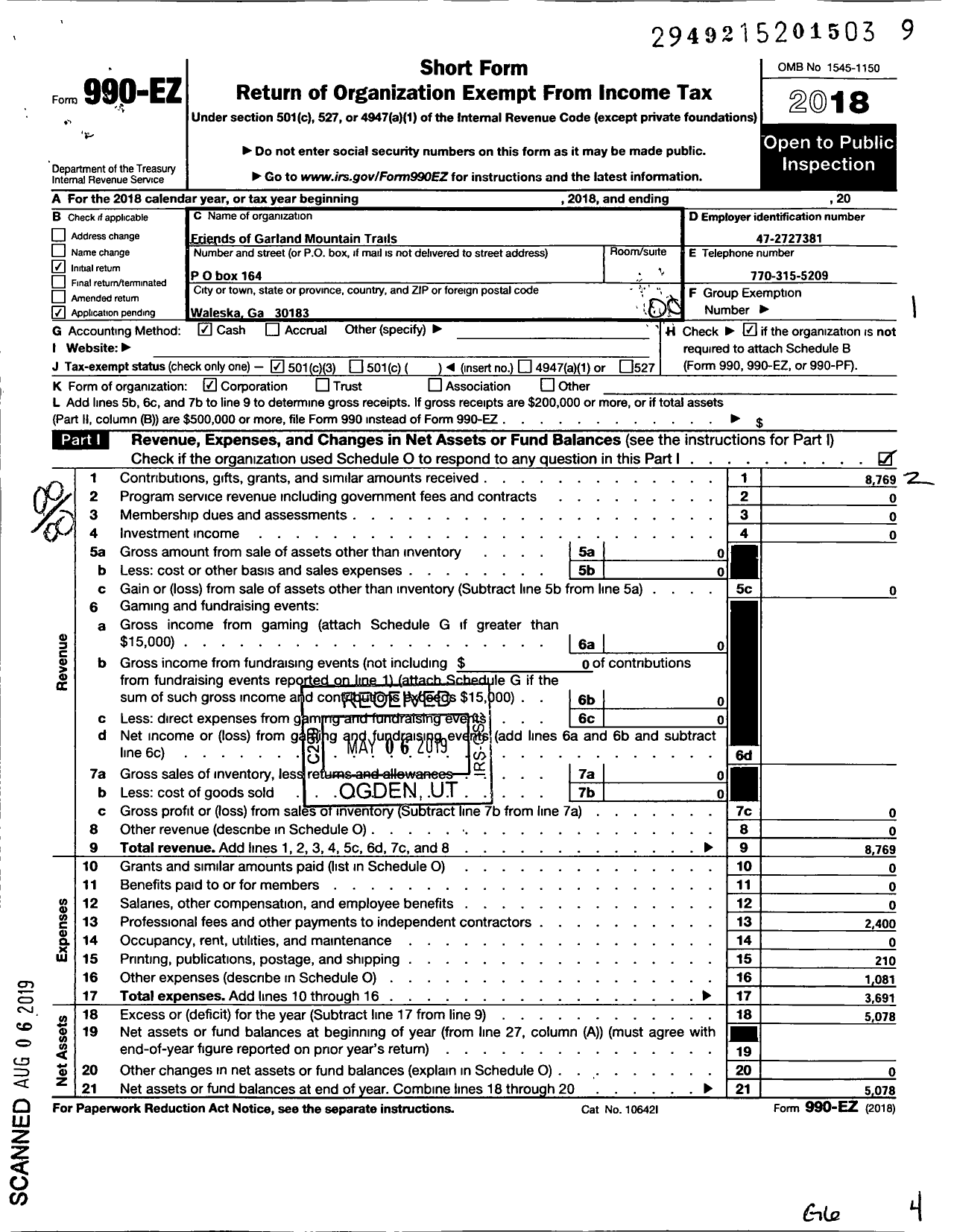 Image of first page of 2018 Form 990EO for Friends of Garland Trail