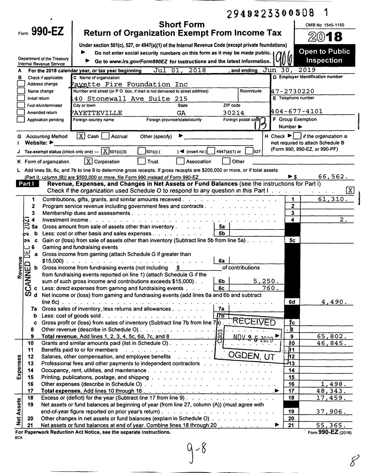 Image of first page of 2018 Form 990EZ for Fayette Fire Foundation