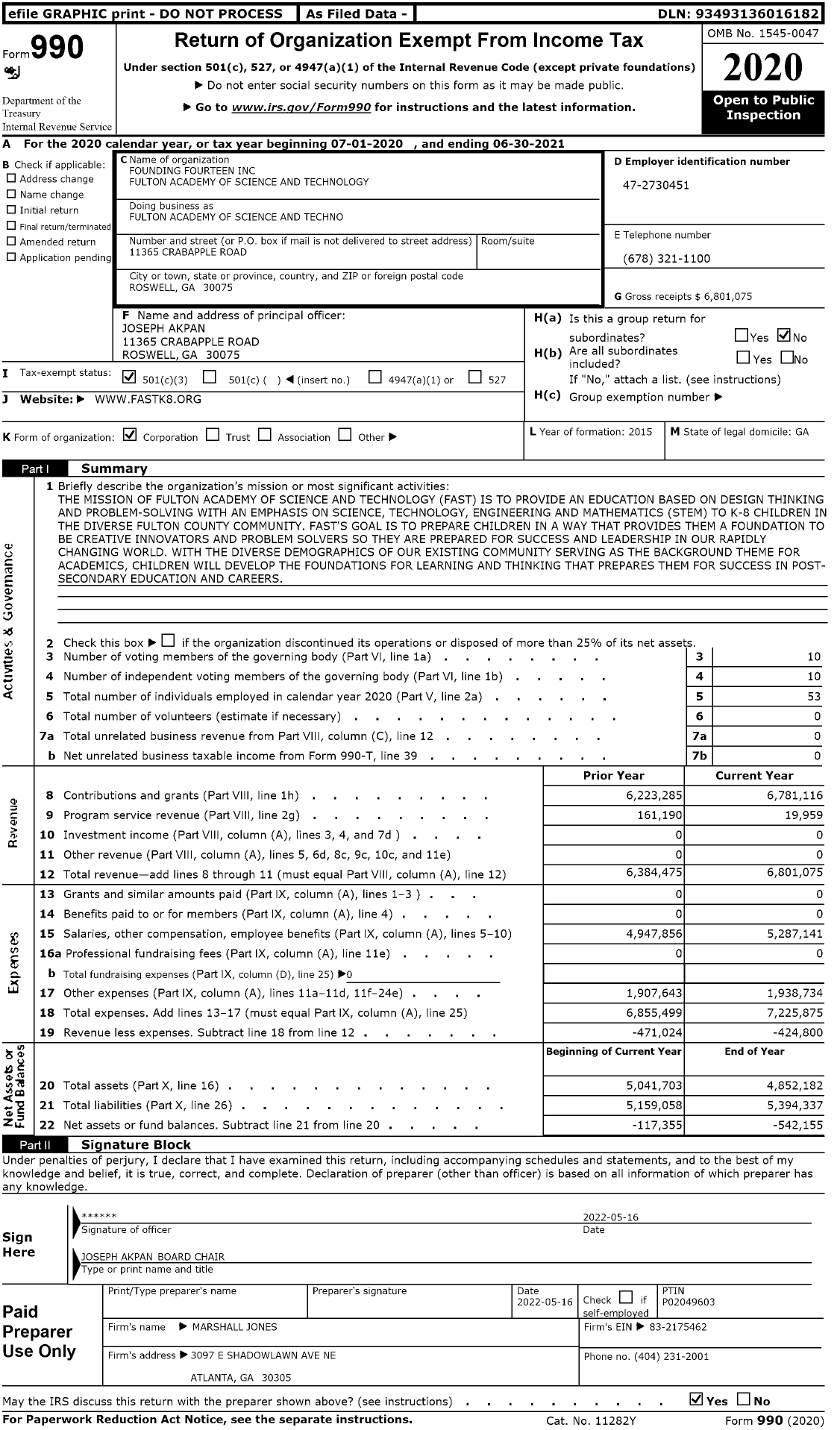 Image of first page of 2020 Form 990 for Fulton Academy of Science and Techno