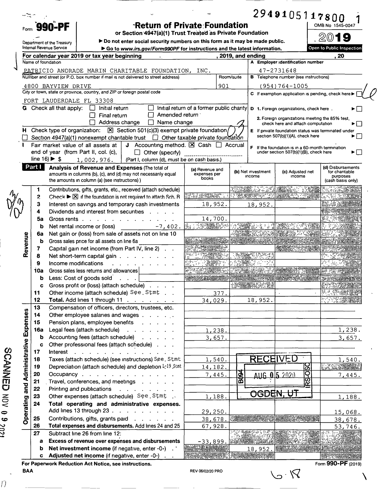 Image of first page of 2019 Form 990PF for Patricio Andrade Marin Charitable Foundation