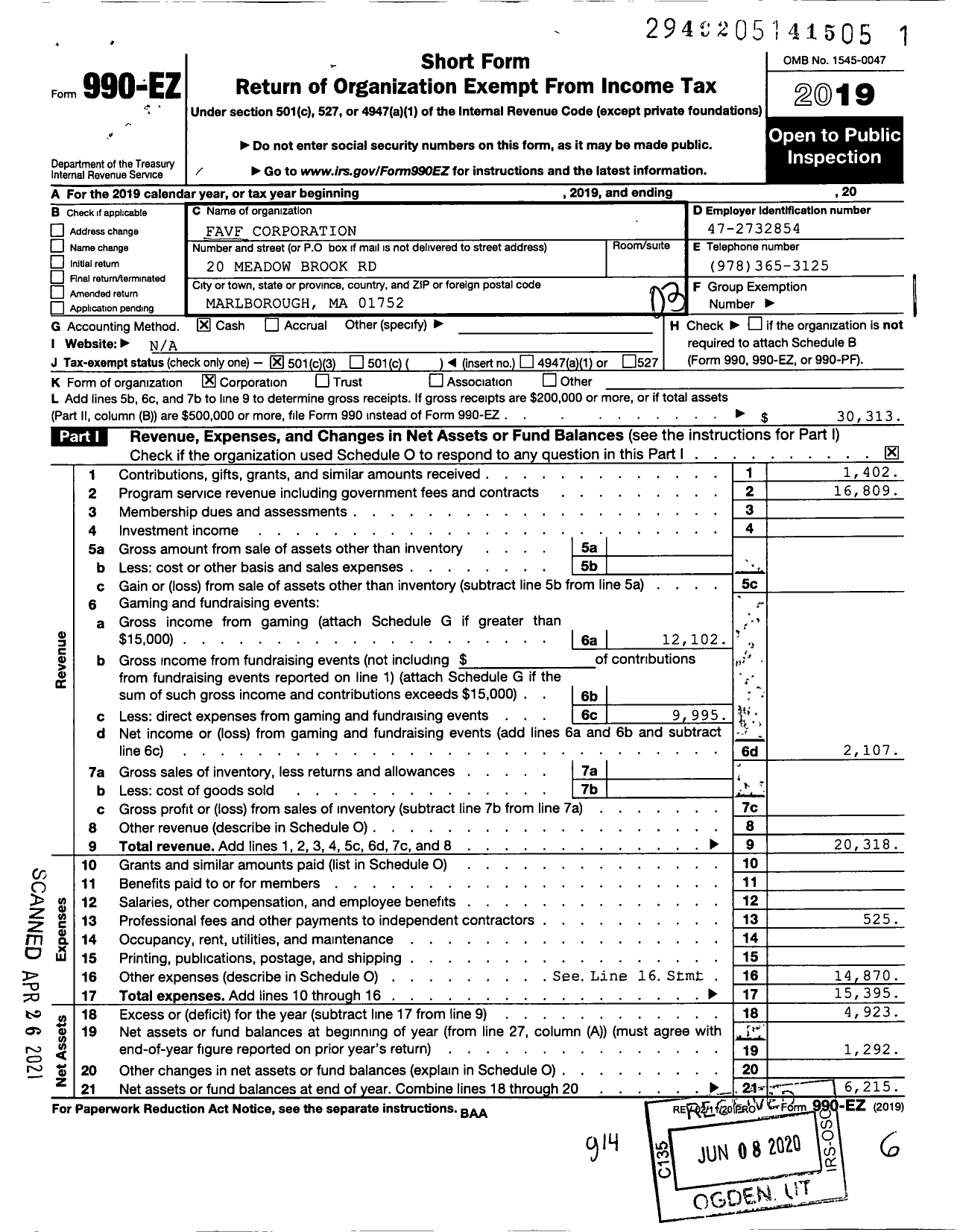 Image of first page of 2019 Form 990EZ for Favf Corporation