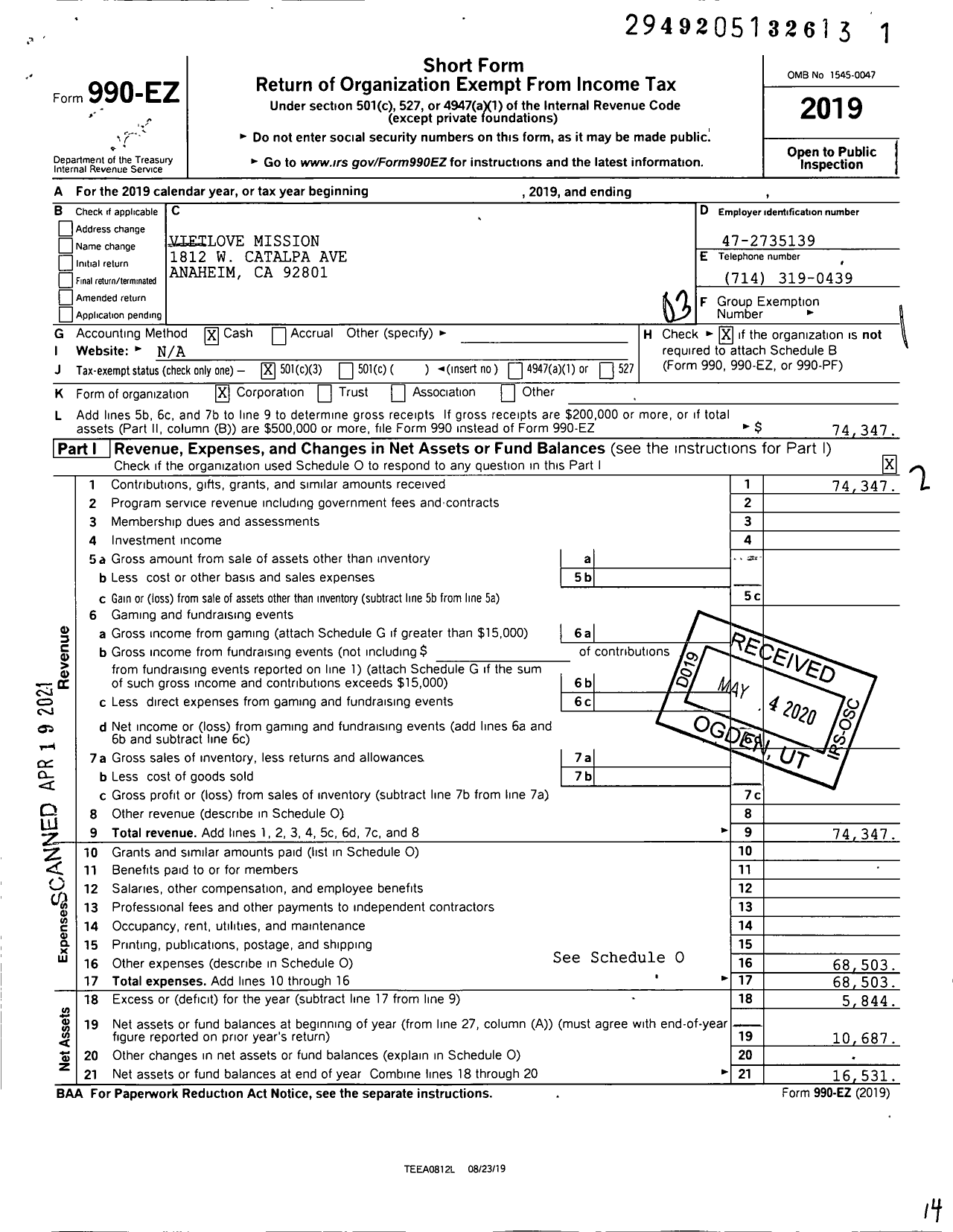 Image of first page of 2019 Form 990EZ for Vietlove Mission