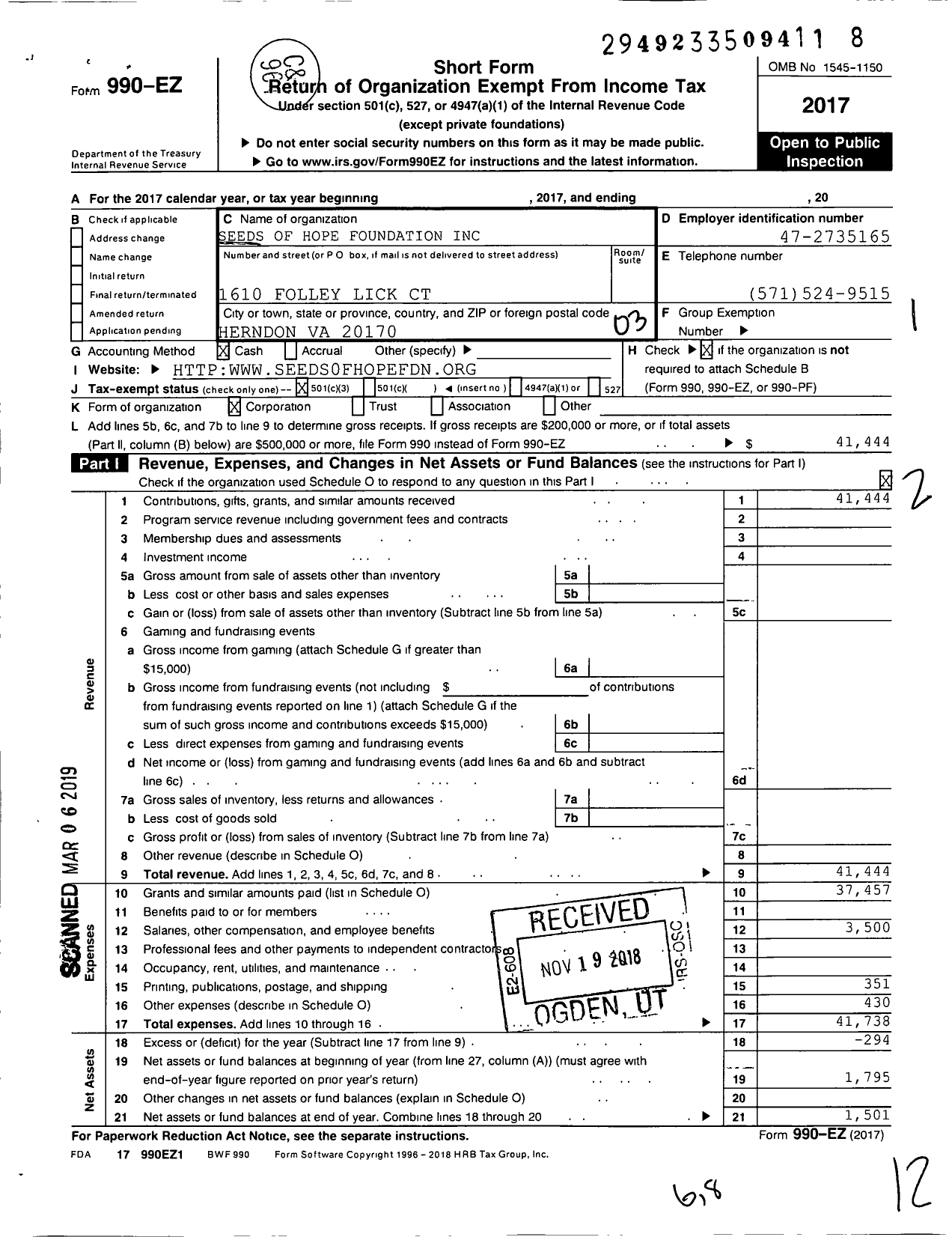 Image of first page of 2017 Form 990EZ for Seeds of Hope Foundation