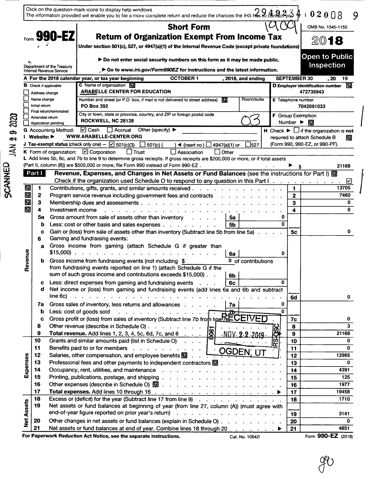 Image of first page of 2018 Form 990EZ for Arabelle Center for Education