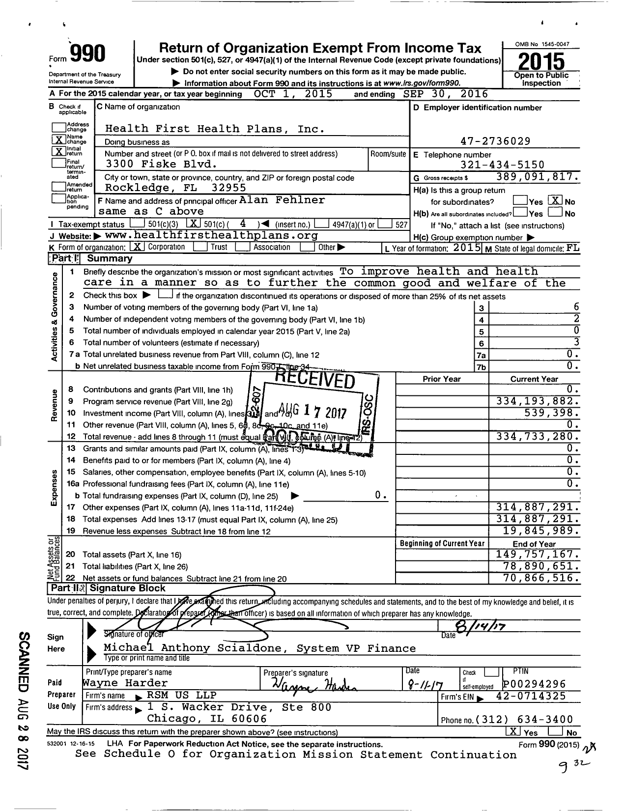 Image of first page of 2015 Form 990O for Health First Health Plans