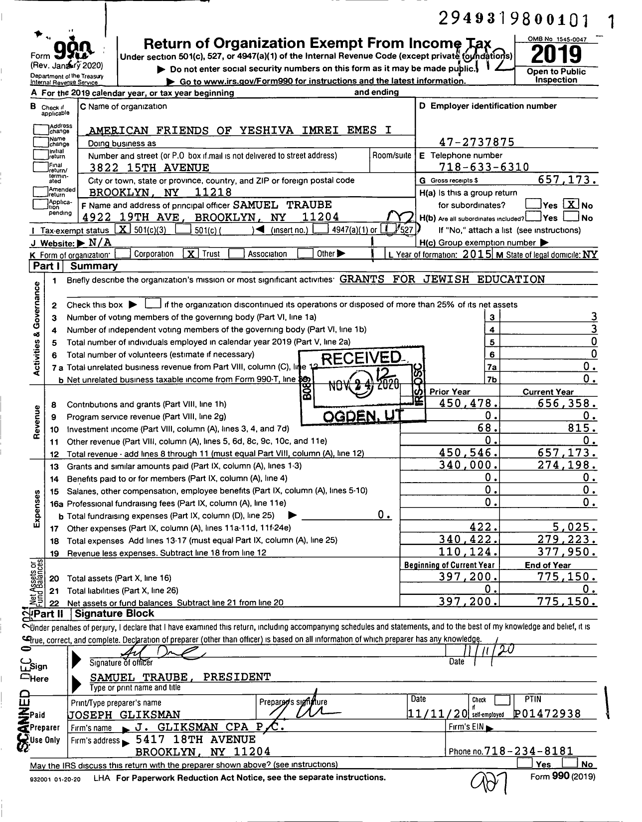 Image of first page of 2019 Form 990 for American Friends of Yeshiva Imrei Emes I