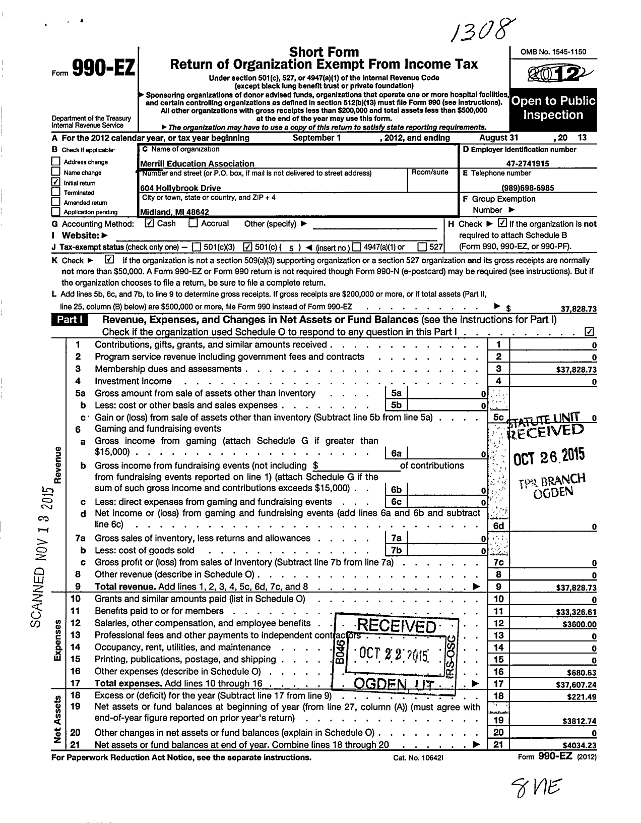 Image of first page of 2012 Form 990EO for Merrill Education Association