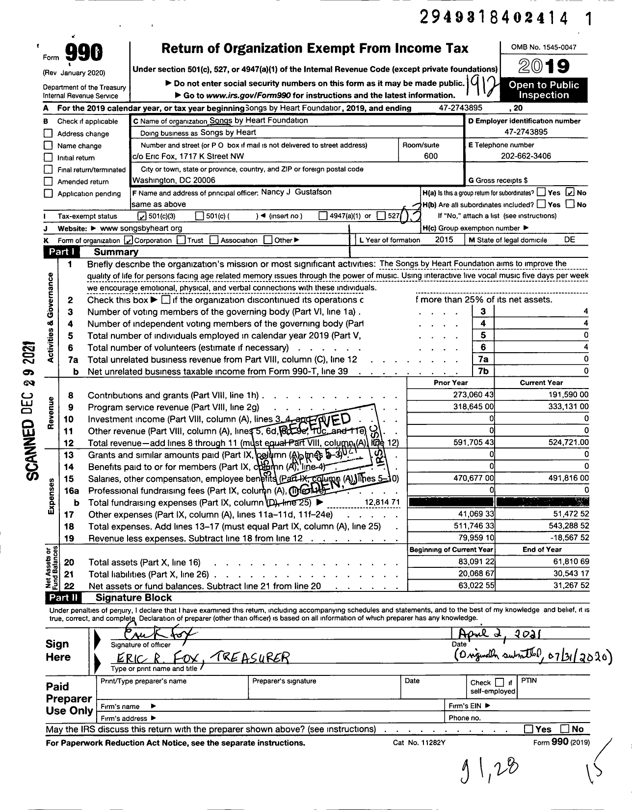 Image of first page of 2019 Form 990 for Songs By Heart