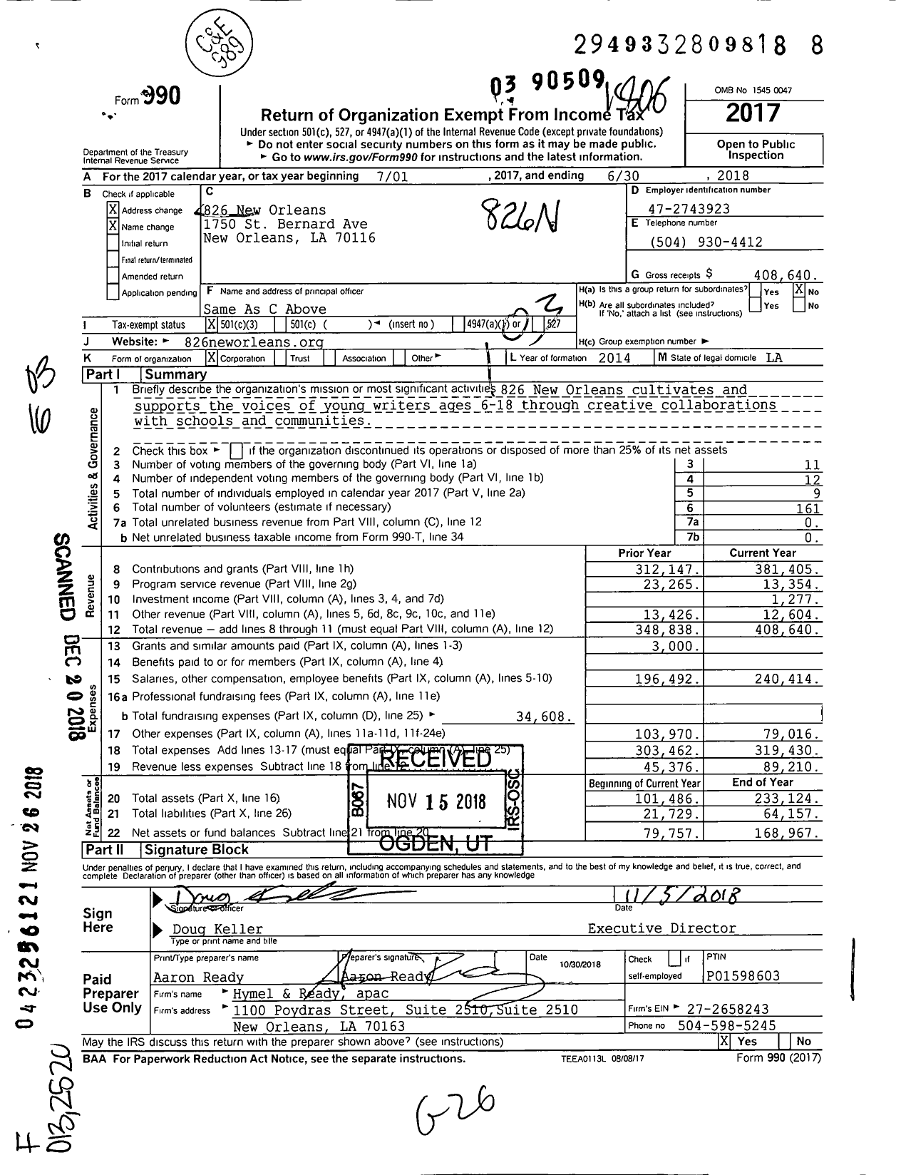 Image of first page of 2017 Form 990 for 826 New Orleans
