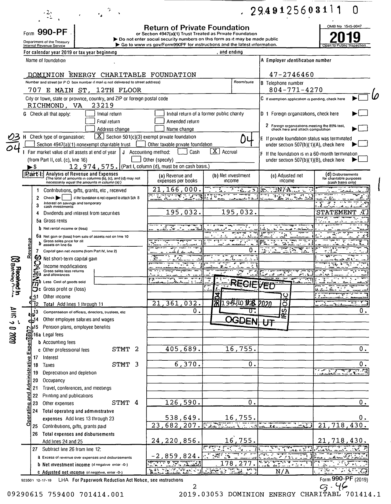 Image of first page of 2019 Form 990PR for Dominion Energy Charitable Foundation