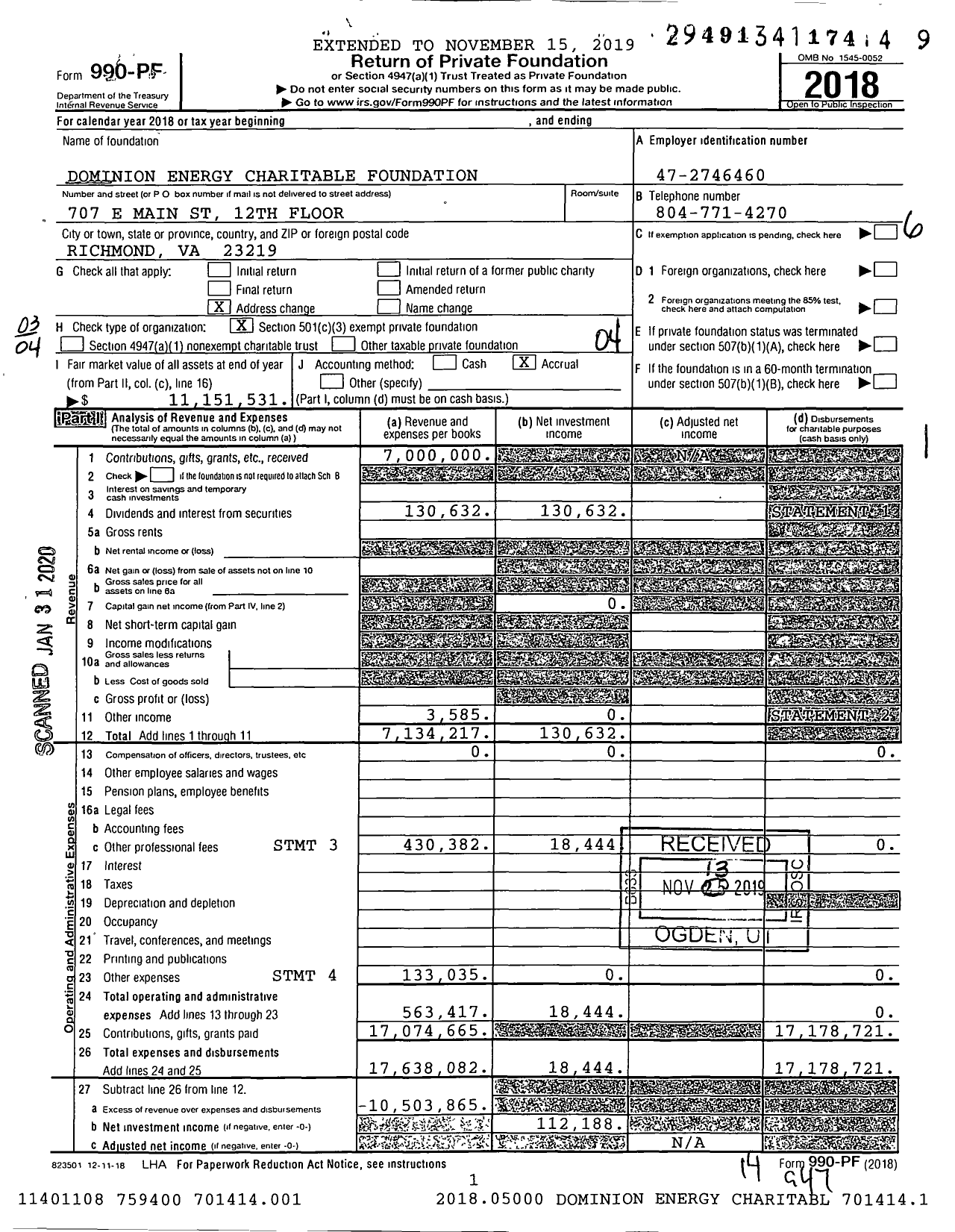 Image of first page of 2018 Form 990PF for Dominion Energy Charitable Foundation