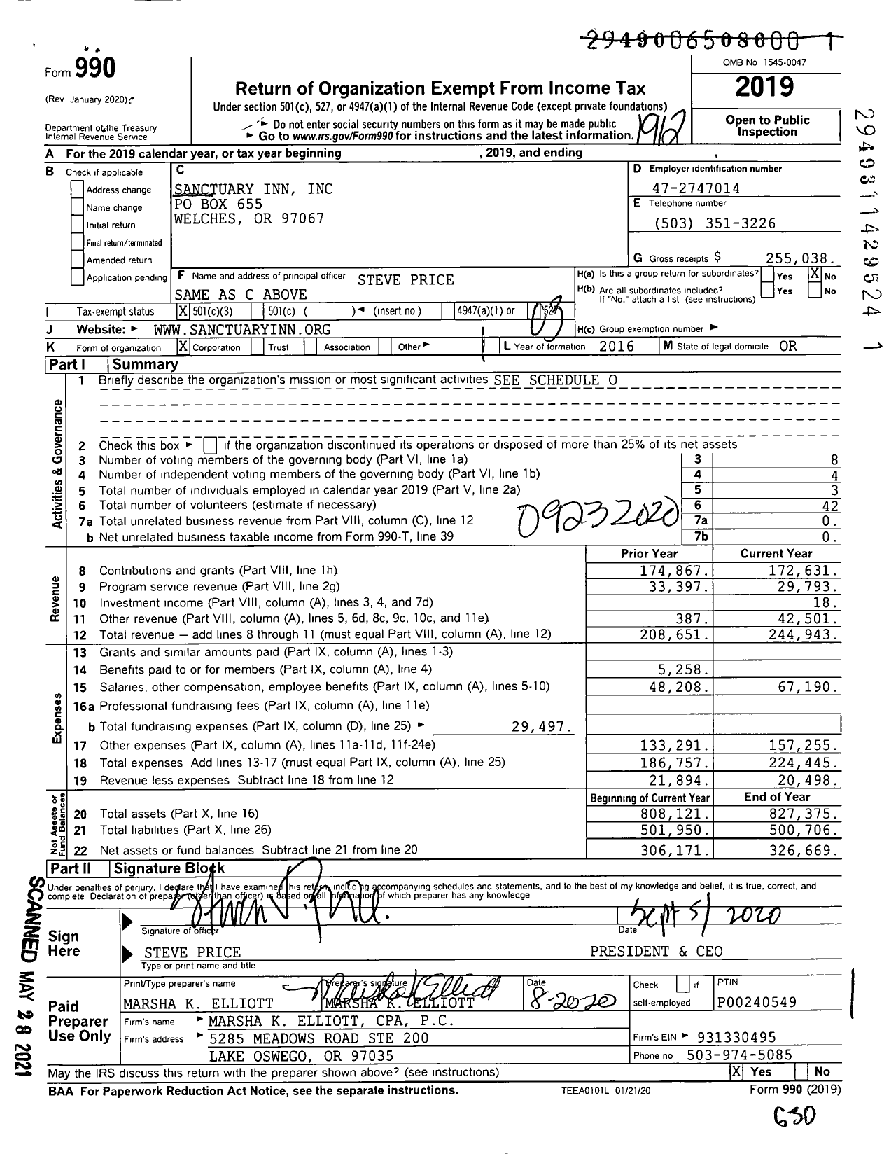 Image of first page of 2019 Form 990 for Sanctuary Inn