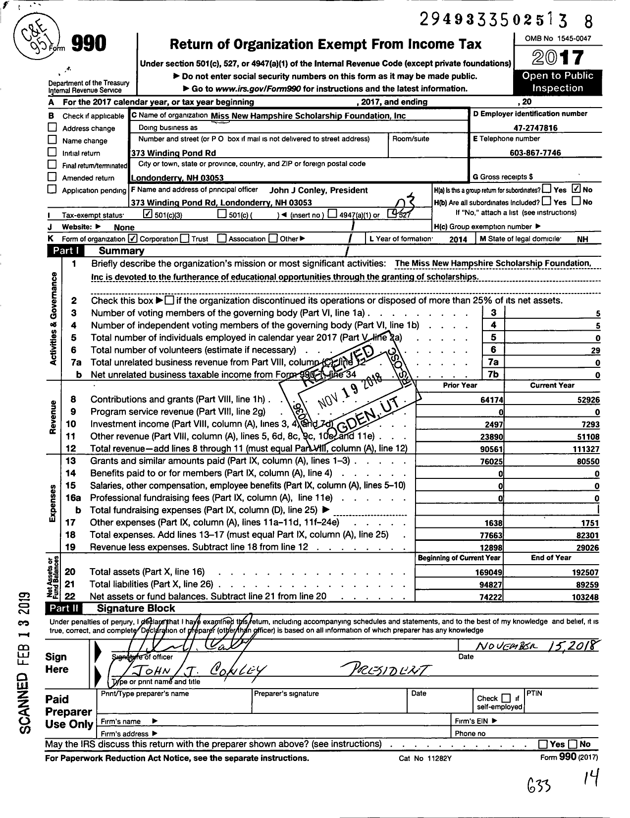 Image of first page of 2017 Form 990 for Miss New Hampshire Scholarship Foundation