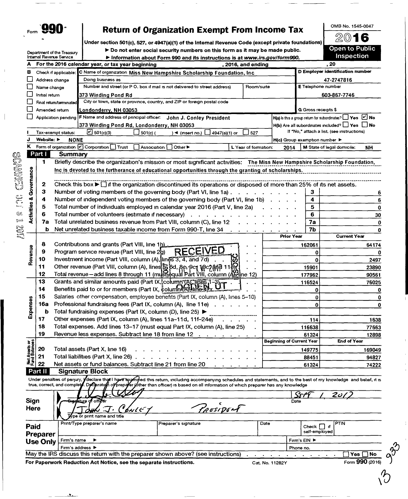 Image of first page of 2016 Form 990 for Miss New Hampshire Scholarship Foundation