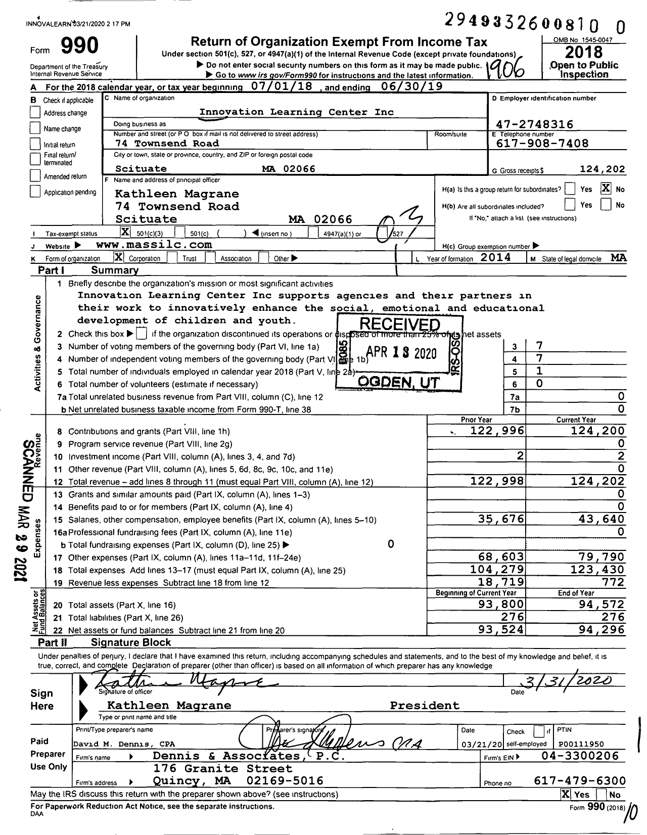 Image of first page of 2018 Form 990 for Innovation Learning Center