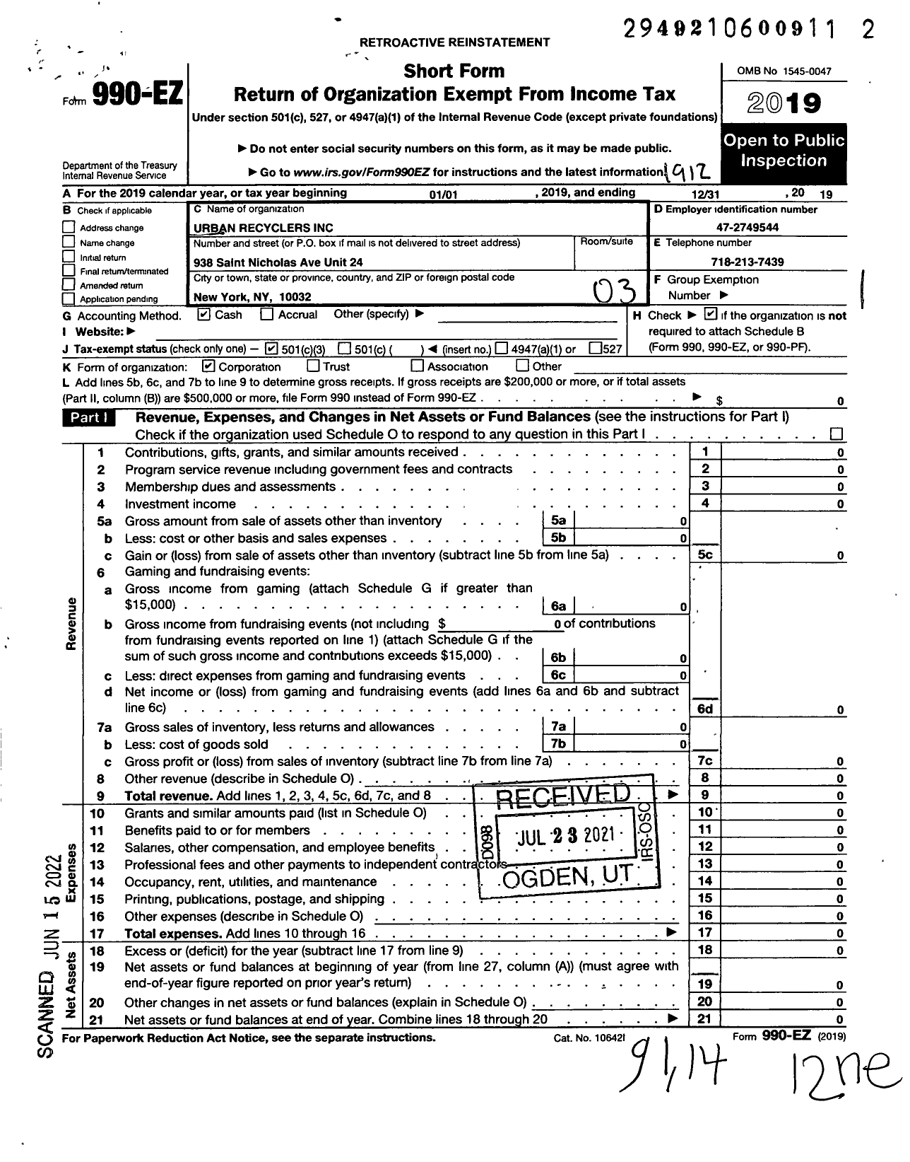 Image of first page of 2019 Form 990EZ for Urban Recyclers