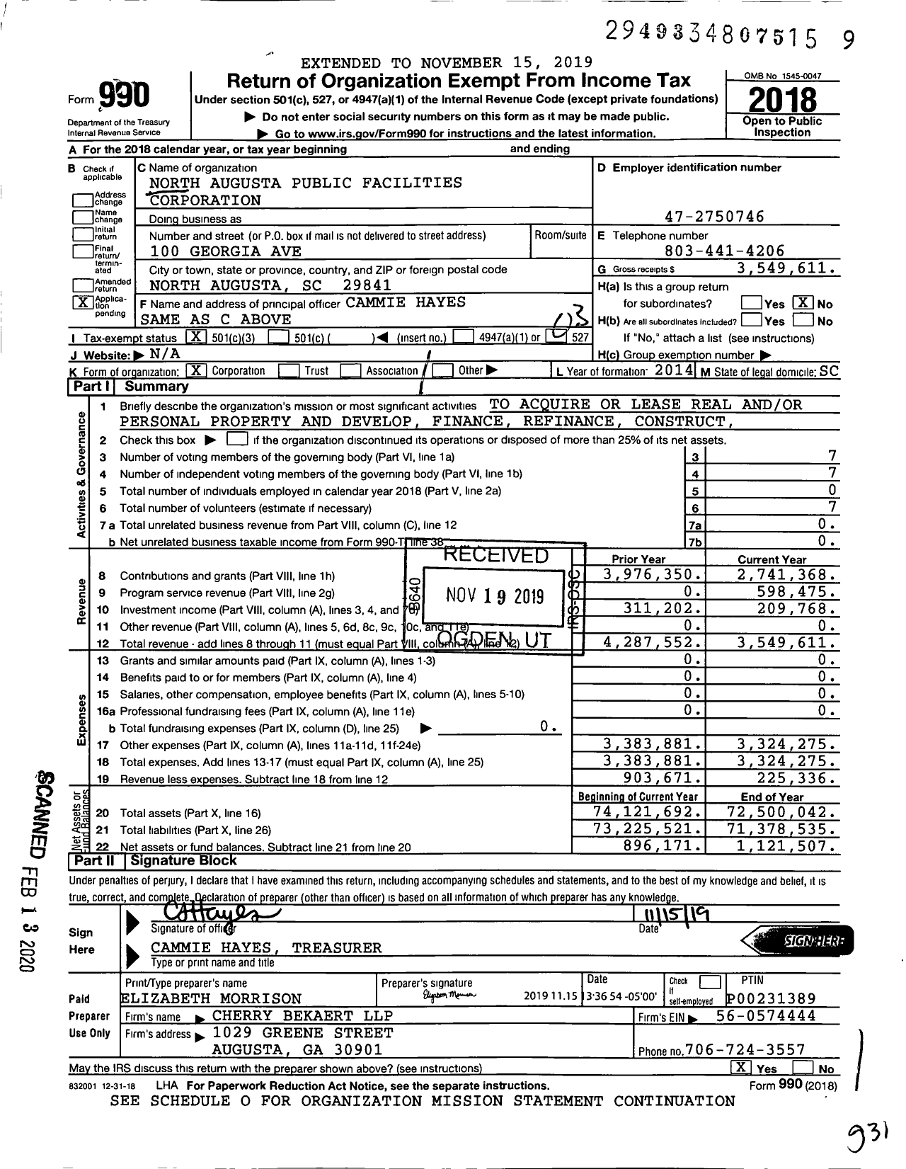 Image of first page of 2018 Form 990 for North Augusta Public Facilities Corporation