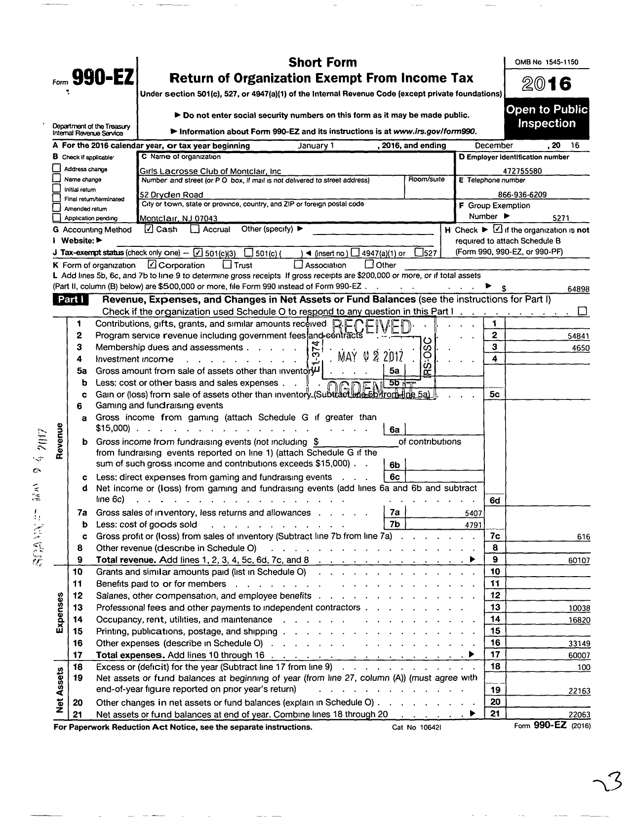 Image of first page of 2016 Form 990EZ for Girls Lacrosse Club of Montclair