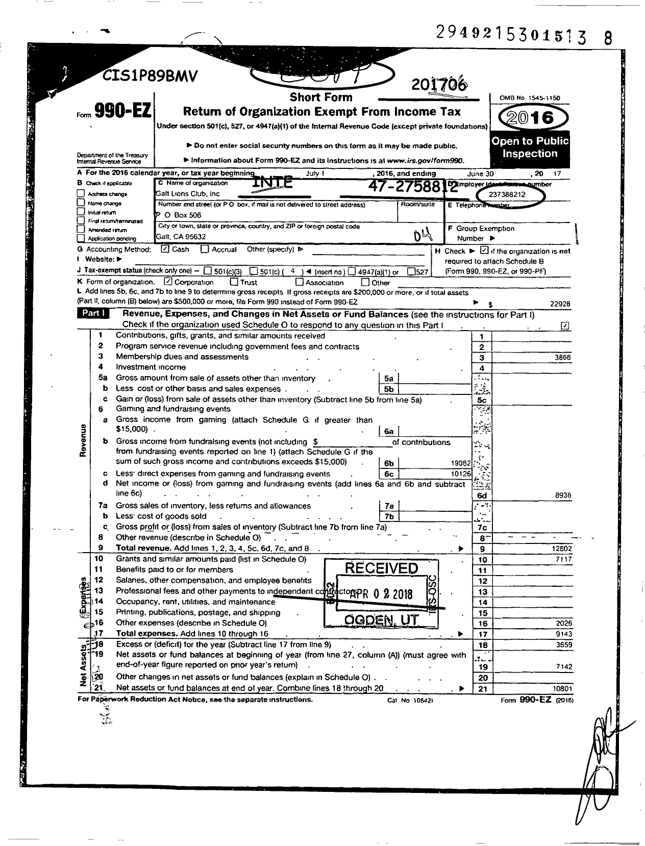 Image of first page of 2016 Form 990EO for Lions Clubs - International Association of Lions Clubs