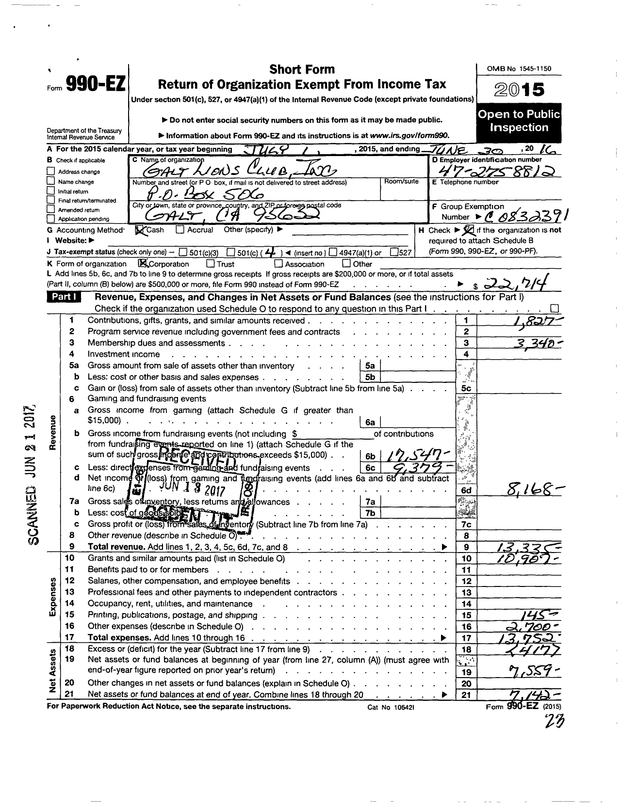 Image of first page of 2015 Form 990EO for Lions Clubs - International Association of Lions Clubs