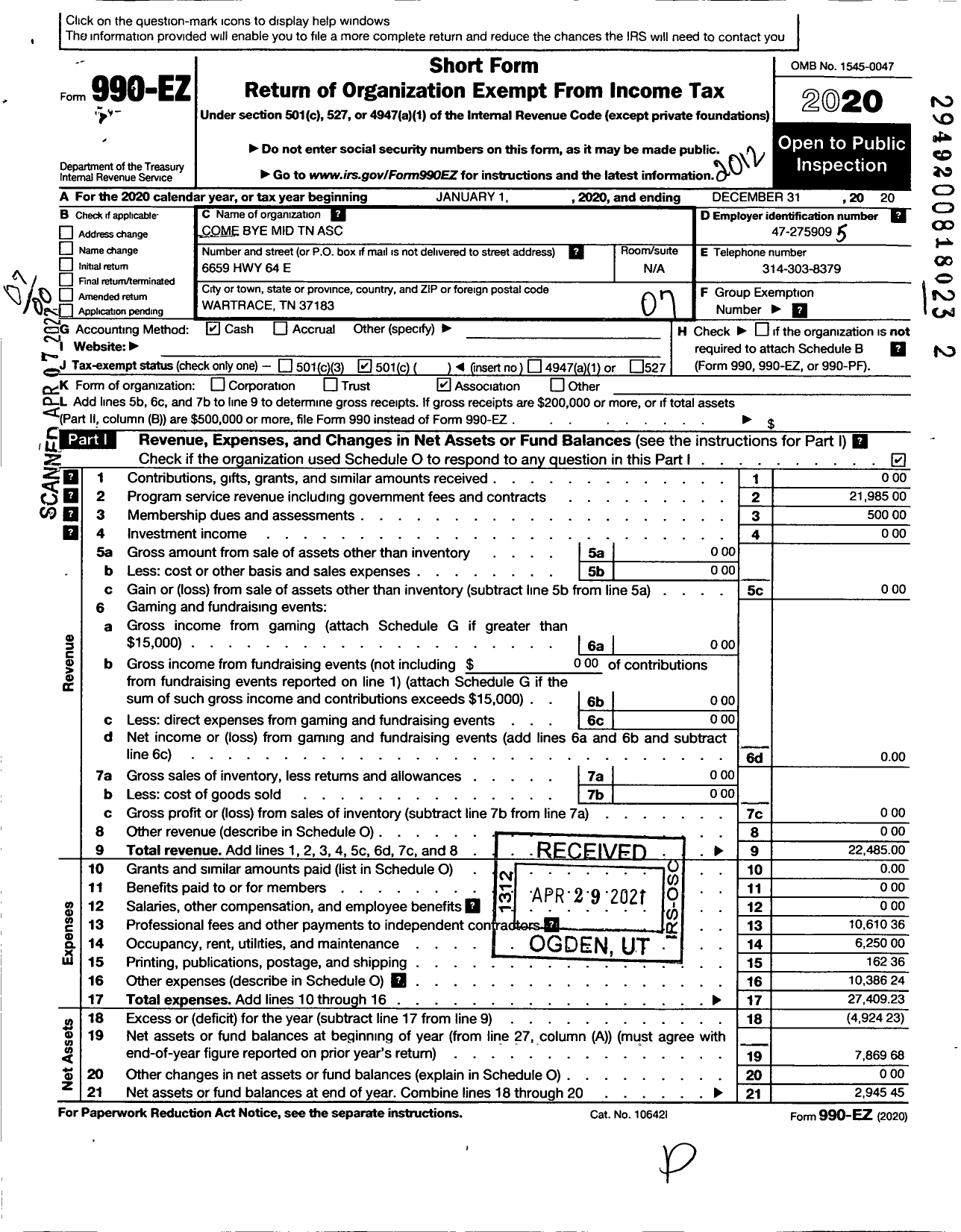 Image of first page of 2020 Form 990EO for Come Bye Mid TN Asc