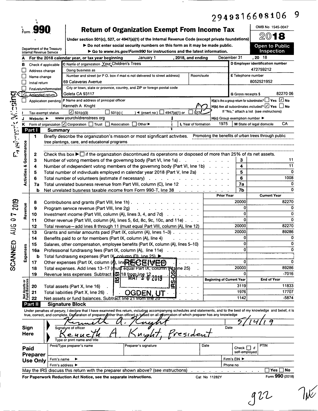 Image of first page of 2018 Form 990 for Your Childrens Trees