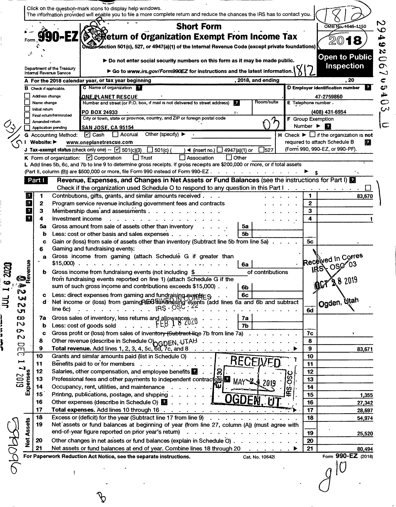 Image of first page of 2018 Form 990EZ for One Planet Rescue