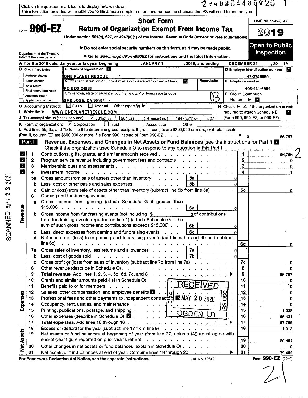 Image of first page of 2019 Form 990EZ for One Planet Rescue