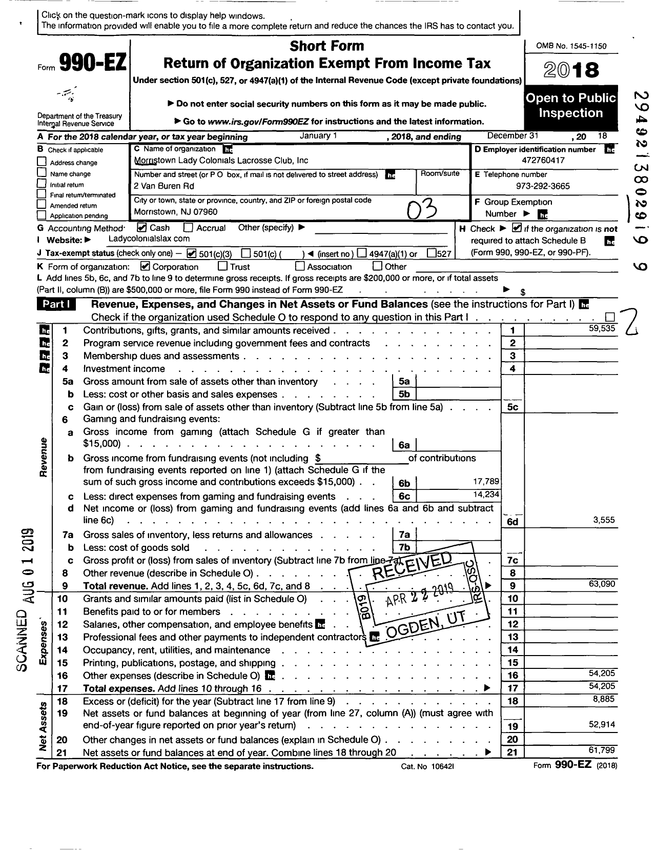 Image of first page of 2018 Form 990EZ for Morristown Lady Colonials Lacrosse Club