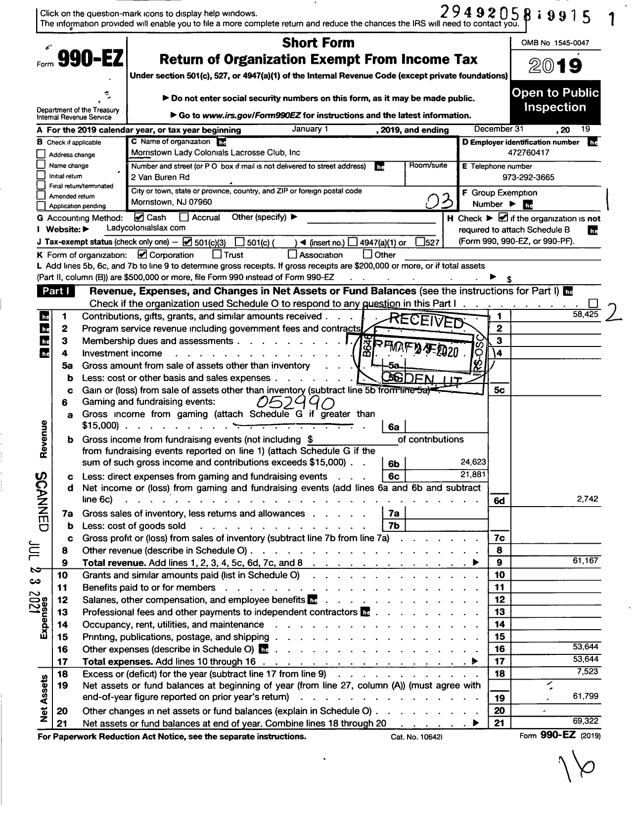 Image of first page of 2019 Form 990EZ for Morristown Lady Colonials Lacrosse Club