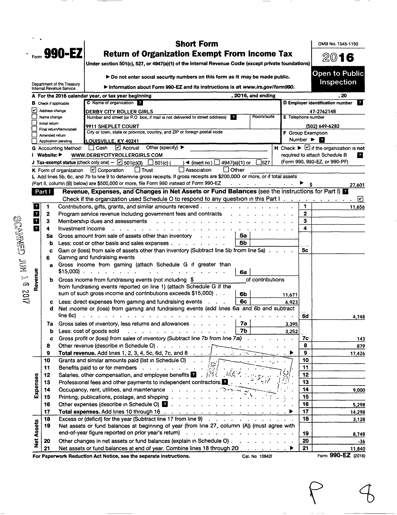 Image of first page of 2016 Form 990EZ for Derby City Roller Girls