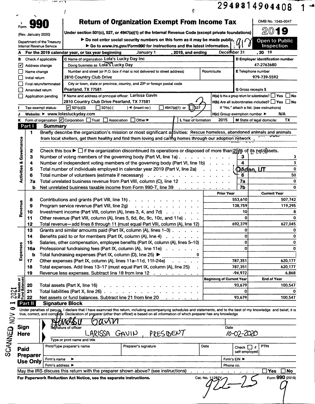 Image of first page of 2019 Form 990 for Lola's Lucky Day