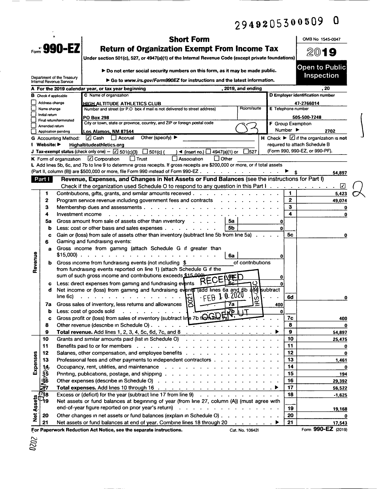 Image of first page of 2019 Form 990EZ for High Altitude Athletics Club