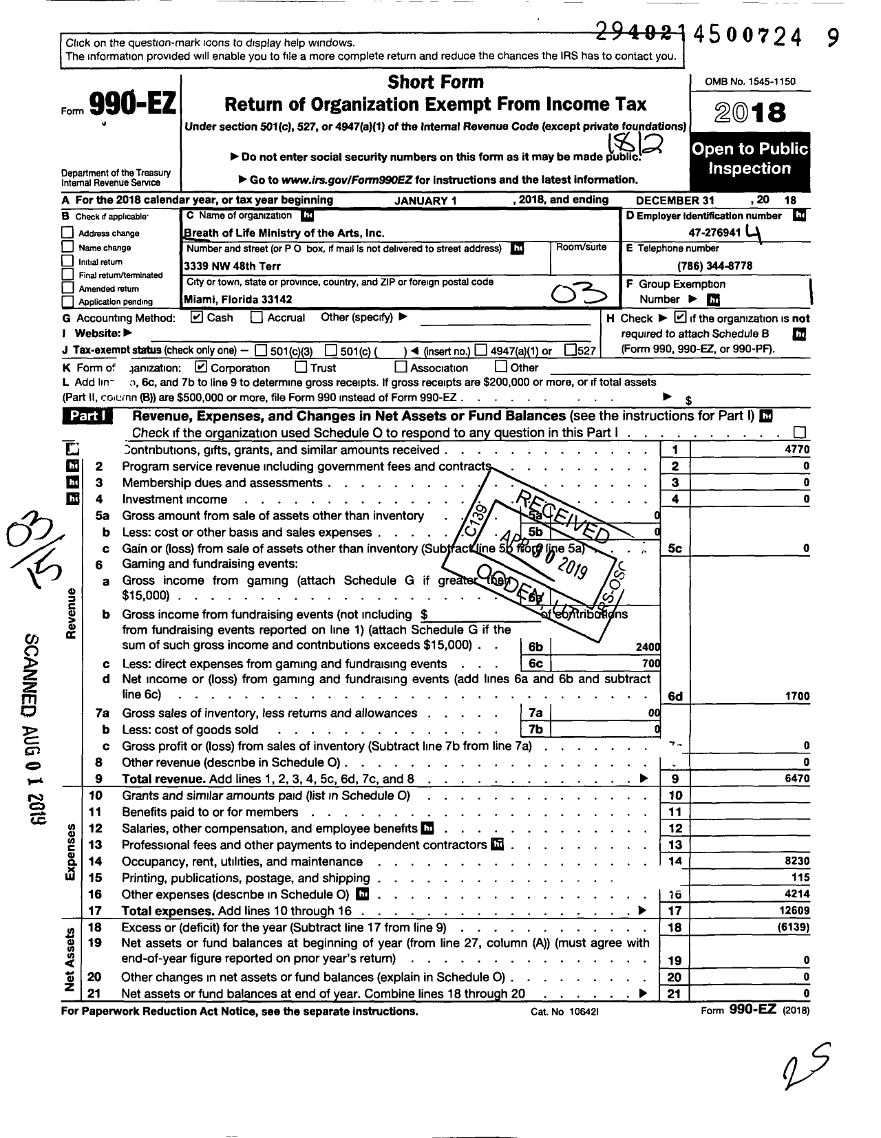 Image of first page of 2018 Form 990EZ for Breath of Life Ministry of the Arts