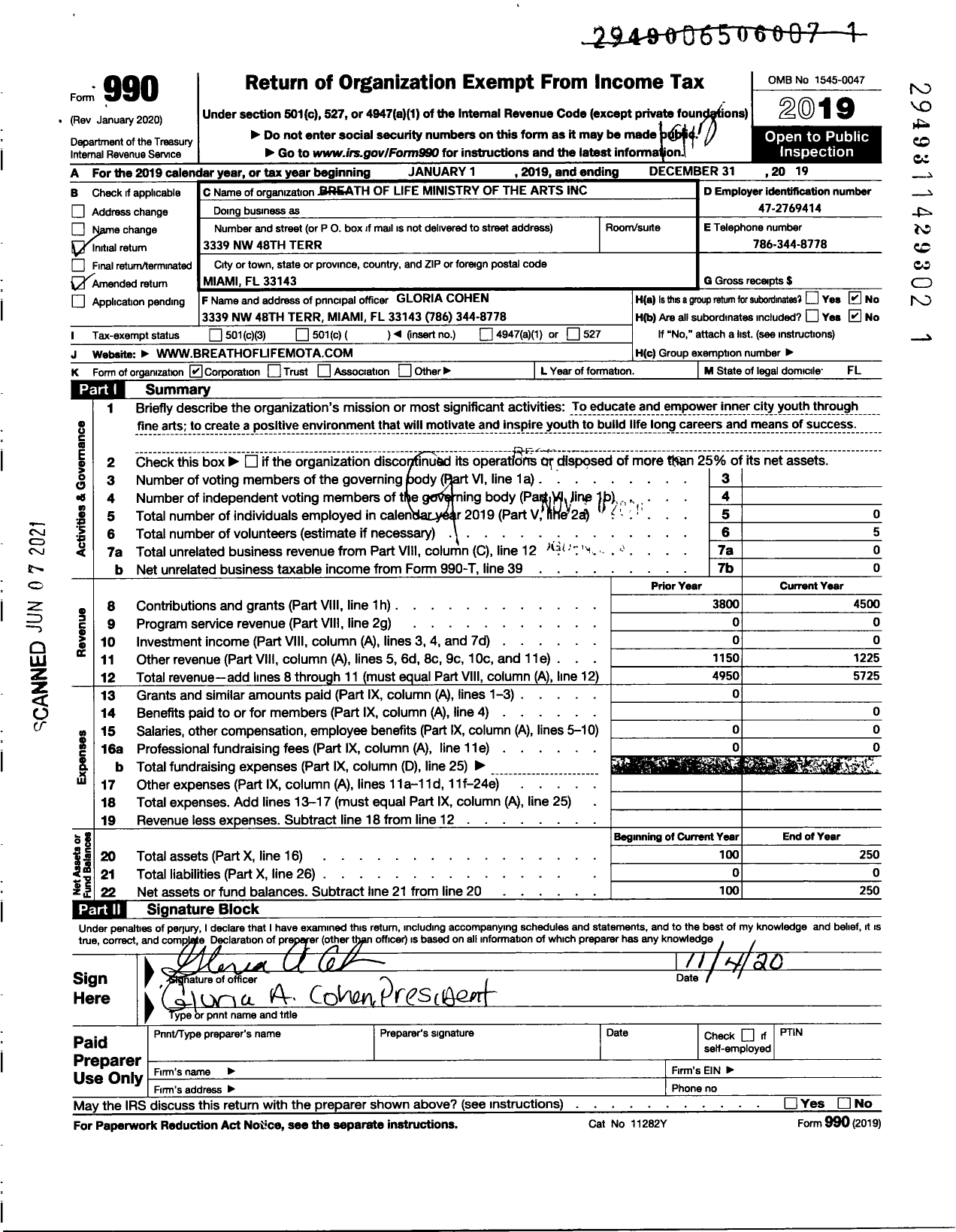 Image of first page of 2019 Form 990O for Breath of Life Ministry of the Arts